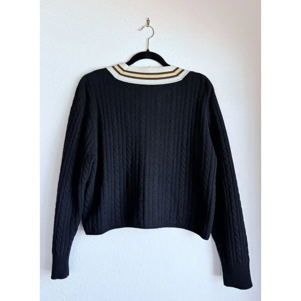 Sandro Contrast Stripe Cable Knit V-Neck Sweater in Navy White & Yellow Size 4 - Picture 8 of 15